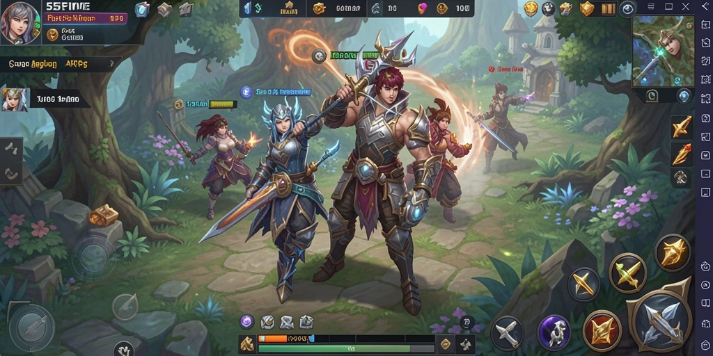 Screenshot gameplay 55FIVE menampilkan pertarungan epik dan karakter yang kuat.