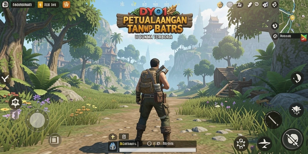 Screenshot DYO1 menampilkan pemandangan indah dari dunia terbuka yang luas.