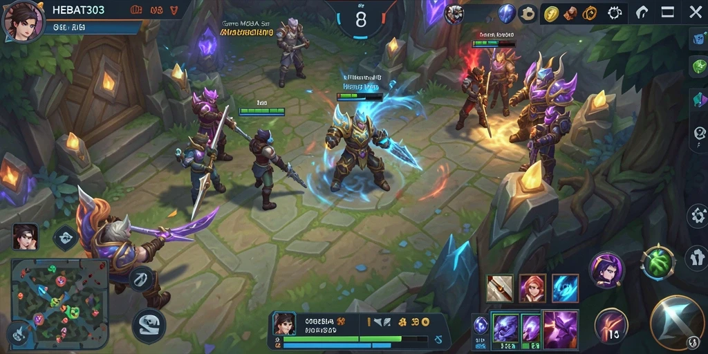 Screenshot HEBAT303 menunjukkan pertarungan seru antar pahlawan di arena MOBA.