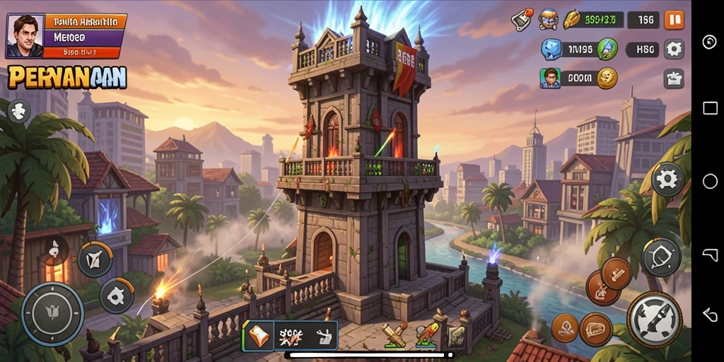 Tangkapan layar utama gameplay HR89 menampilkan pertempuran menara yang mendebarkan.