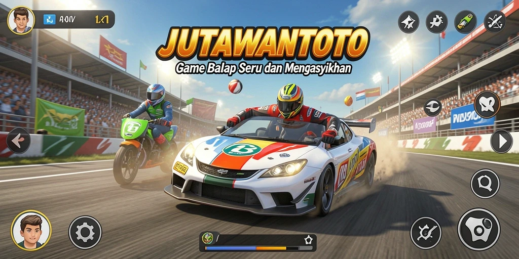 Screenshot gameplay JUTAWANTOTO yang menunjukkan mobil balap di lintasan menantang.