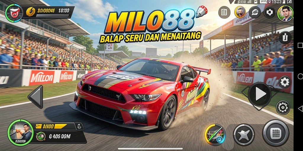Tampilan gameplay seru dari MILO88 dengan mobil balap beraksi di lintasan.