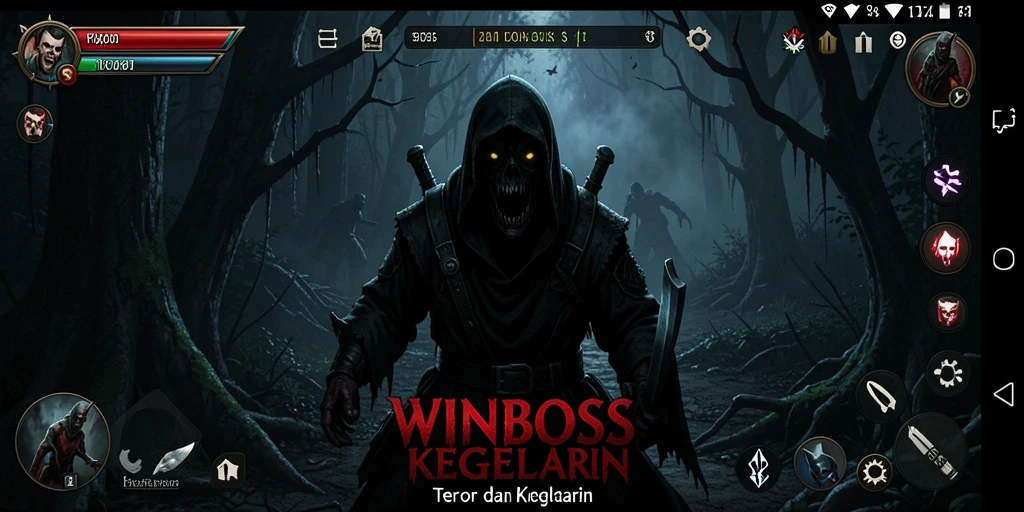Screenshot gameplay <strong>WINBOSS</strong> menunjukkan suasana horor yang mencekam dan intens.